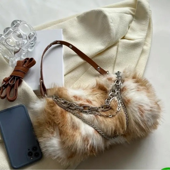 Tan Plush Chain Handbag - Picture 3 of 12